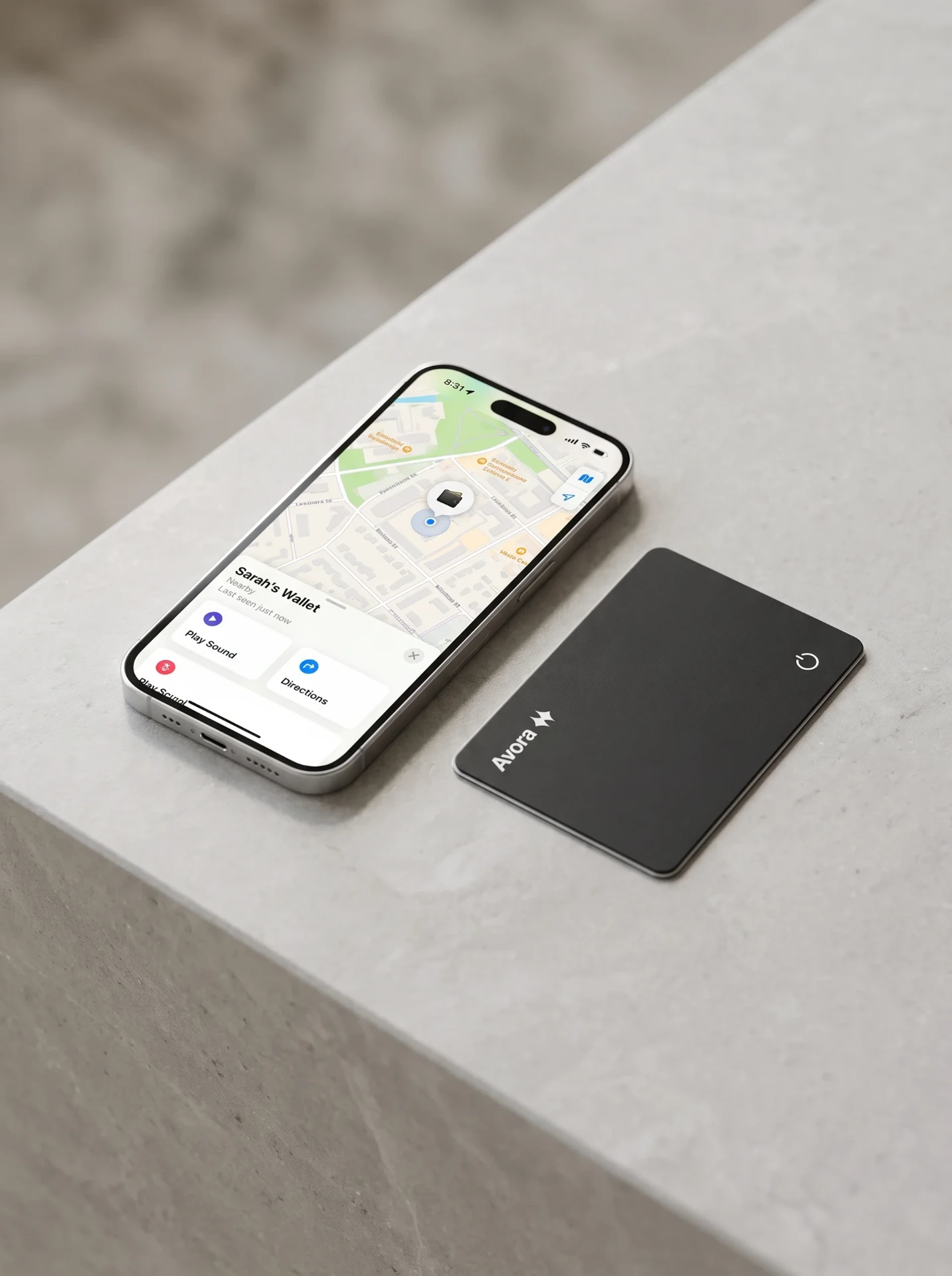 Avoracard next to iPhone showing Find My locating the wallet
